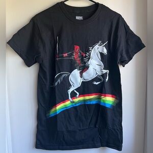 NWOT Marvel Black Tee with Unicorn and Rainbow Design